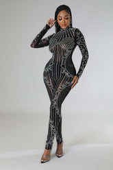 Rhinestone Mesh Round Neck Jumpsuit